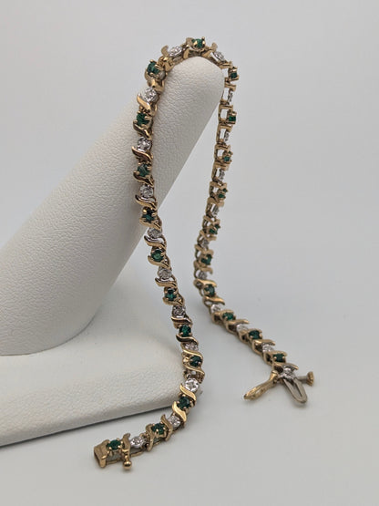 10k Solid Yellow Gold Emerald and Diamond Bracelet 5.7gr Diamond Tennis Bracelet 7"