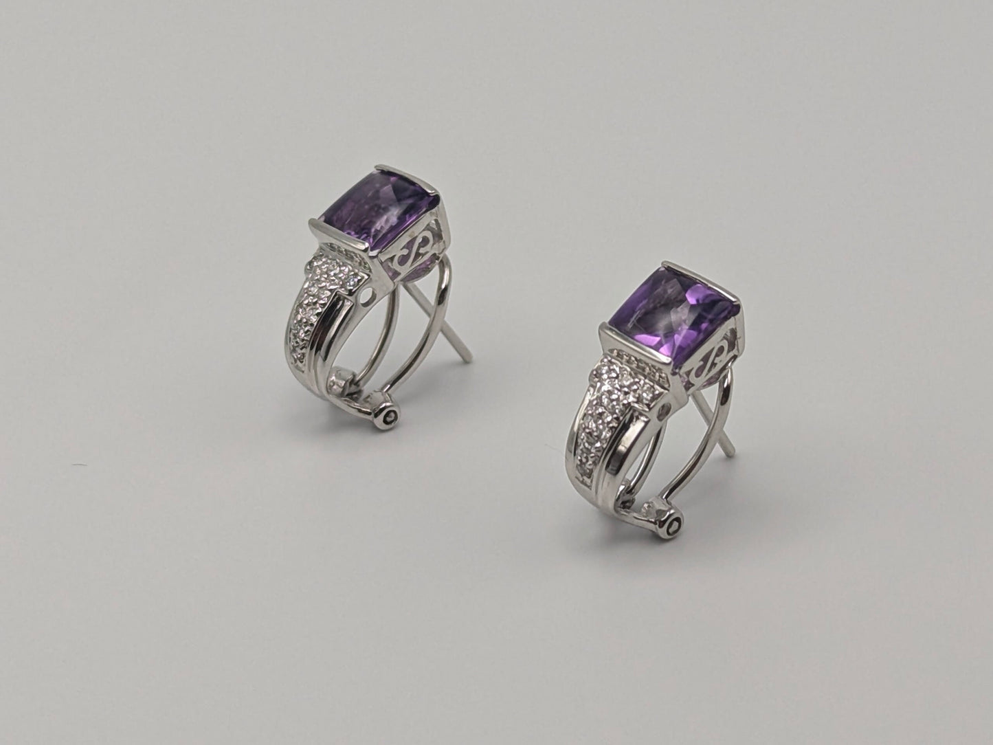 14k White Gold Amethyst Earrings. Omega Back Amethyst Stone Earrings.