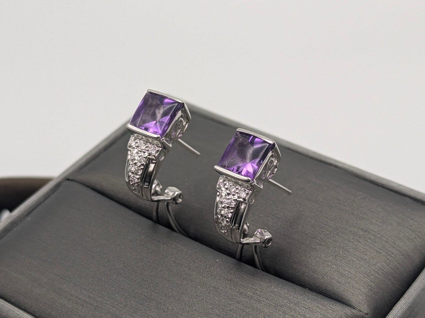 14k White Gold Amethyst Earrings. Omega Back Amethyst Stone Earrings.