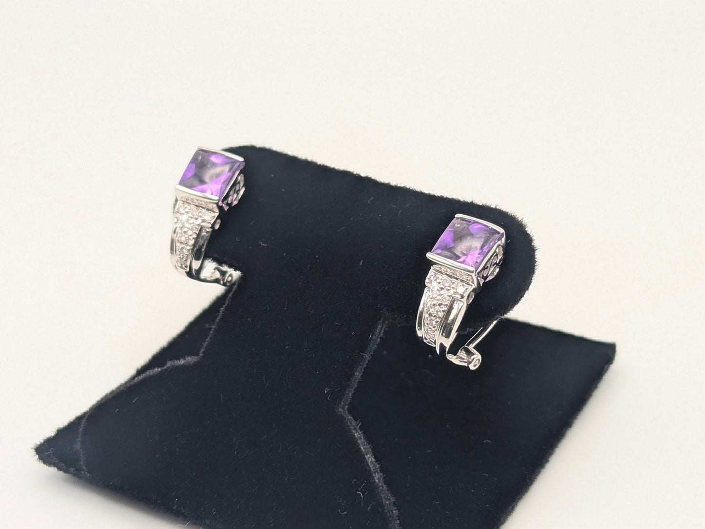 14k White Gold Amethyst Earrings. Omega Back Amethyst Stone Earrings.