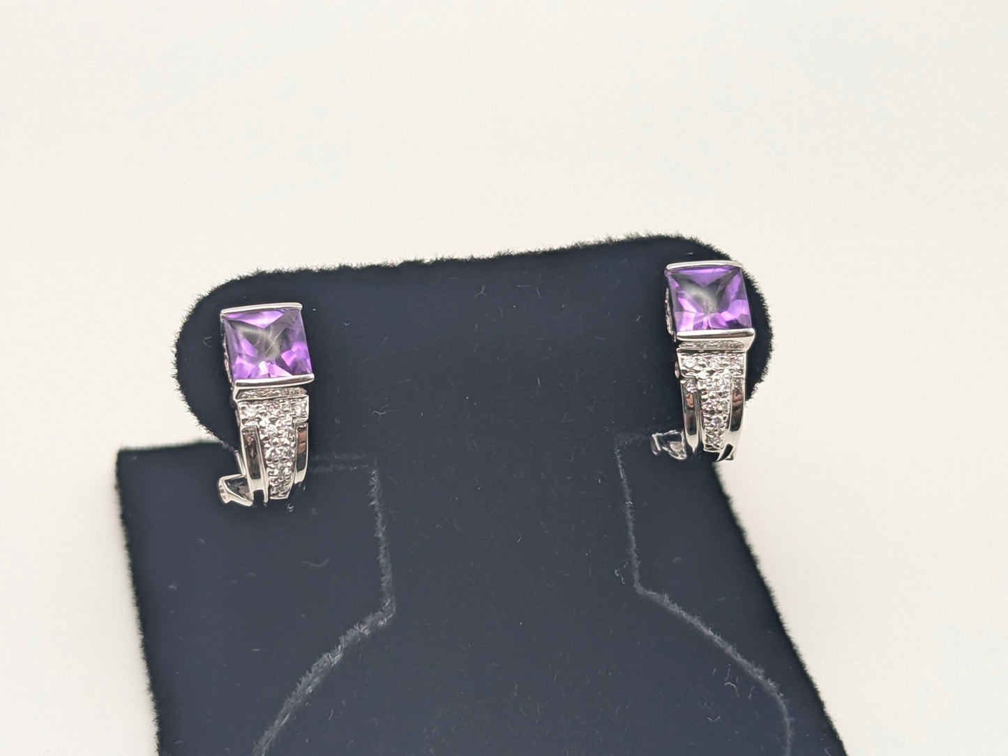 14k White Gold Amethyst Earrings. Omega Back Amethyst Stone Earrings.