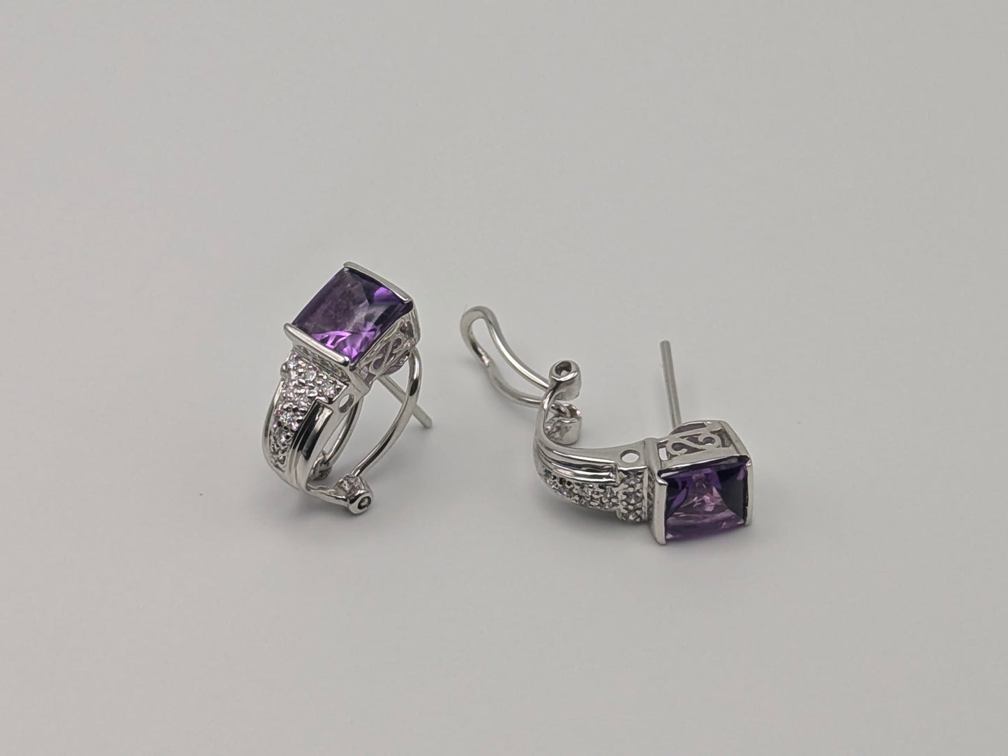 14k White Gold Amethyst Earrings. Omega Back Amethyst Stone Earrings.