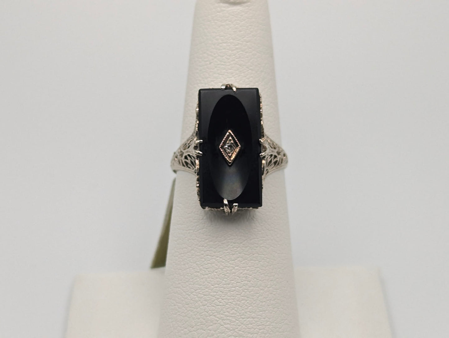 14k White Gold Art Deco Filigree Black Onyx Ring. Midnight Black Onyx Pinky Band