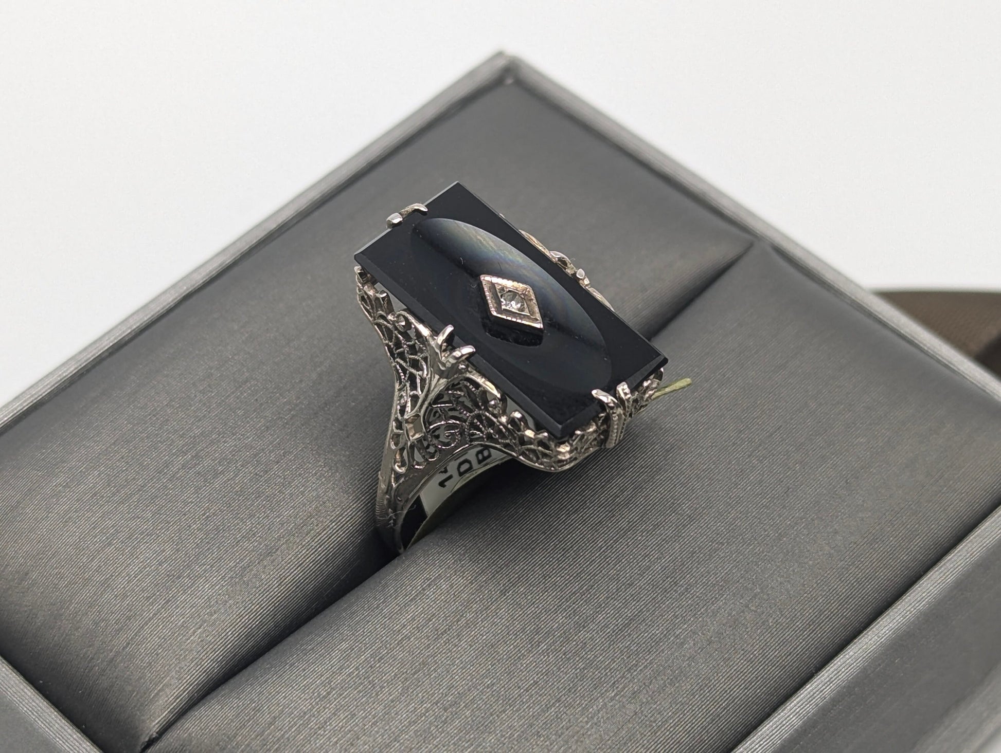 14k White Gold Art Deco Filigree Black Onyx Ring. Midnight Black Onyx Pinky Band