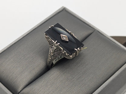 14k White Gold Art Deco Filigree Black Onyx Ring. Midnight Black Onyx Pinky Band