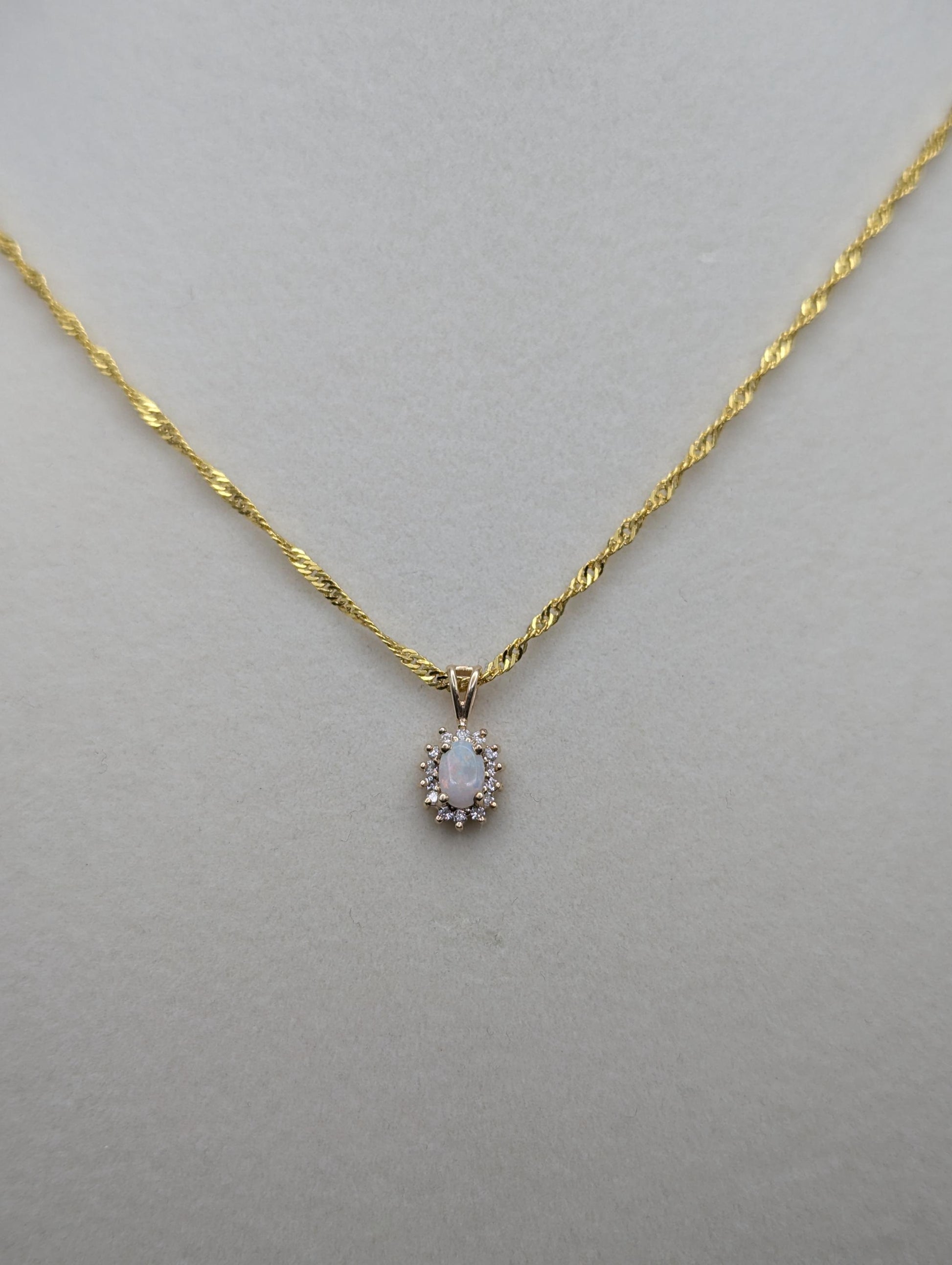 14k Yellow Gold Dainty Opal Diamond Necklace Pendant + Complimentary 18k GF Necklace 18"