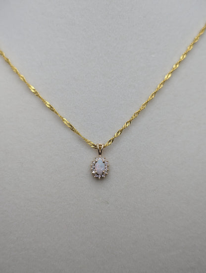14k Yellow Gold Dainty Opal Diamond Necklace Pendant + Complimentary 18k GF Necklace 18"