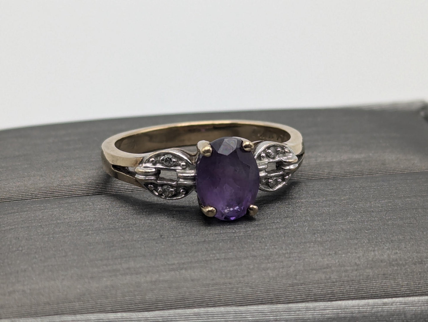 10k Yellow Gold Amethyst Diamond Ring Vintage Womens Amethyst Promise Ring