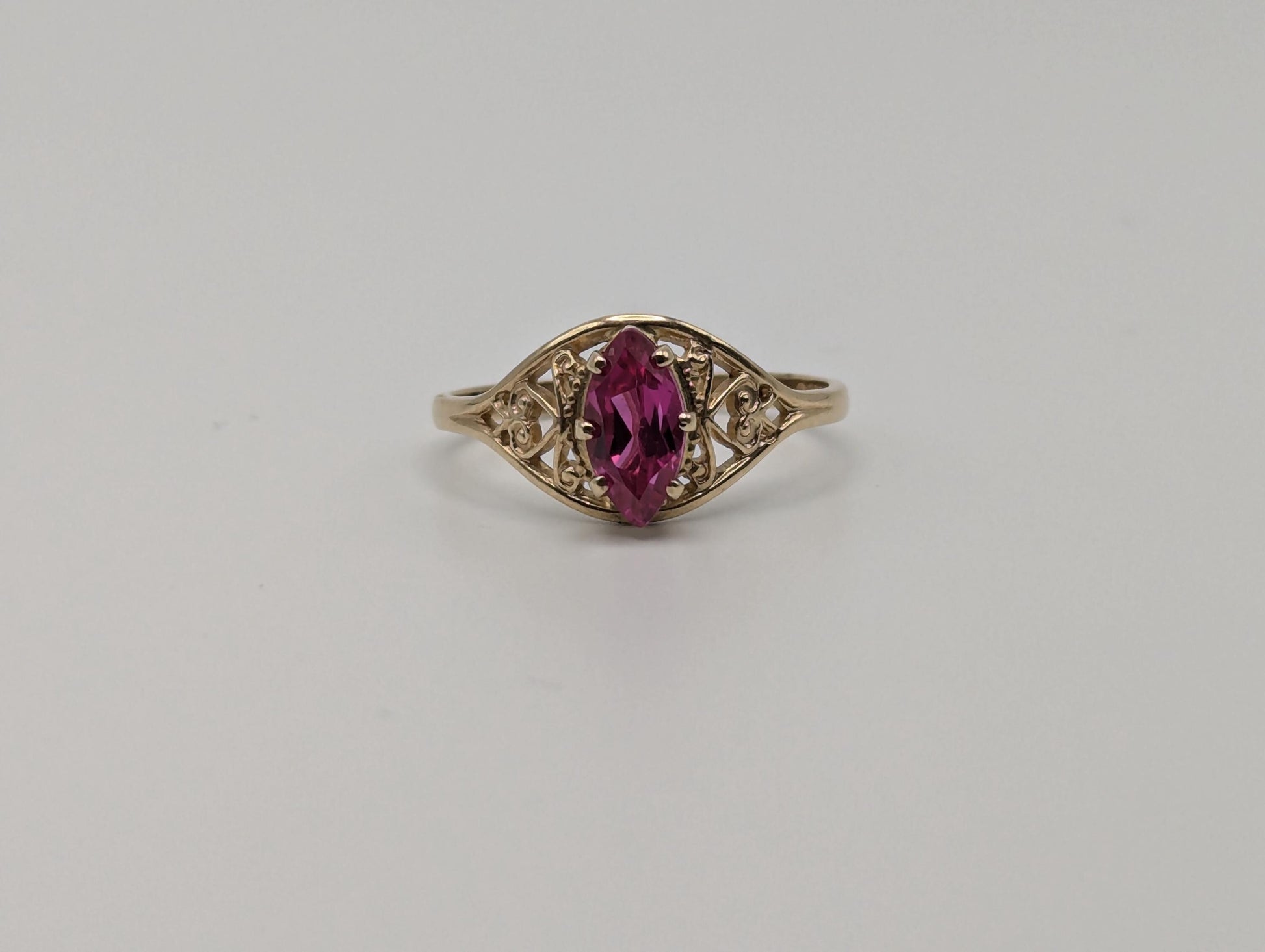 10k Yellow Gold Marquise Ruby Filigree Ring Promise Wedding Engagement Band.