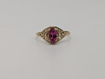 10k Yellow Gold Marquise Ruby Filigree Ring Promise Wedding Engagement Band.