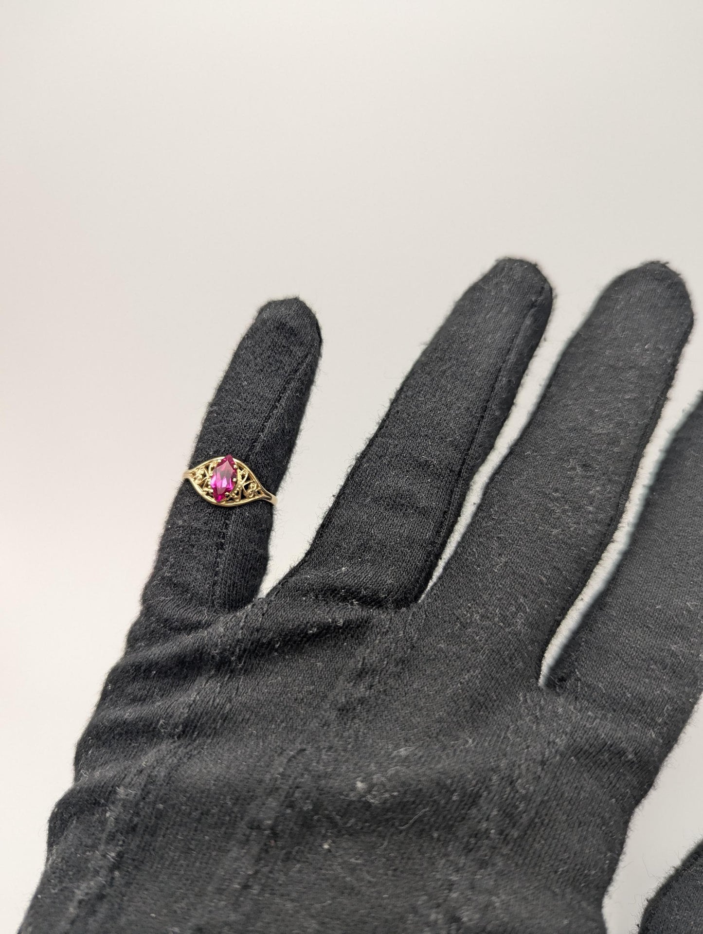 10k Yellow Gold Marquise Ruby Filigree Ring Promise Wedding Engagement Band.