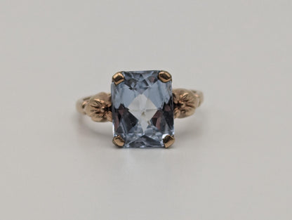 Vintage Blue Spinal 10k Flower Ring Blue Emerald Cut Spinal Band Cocktail Wedding