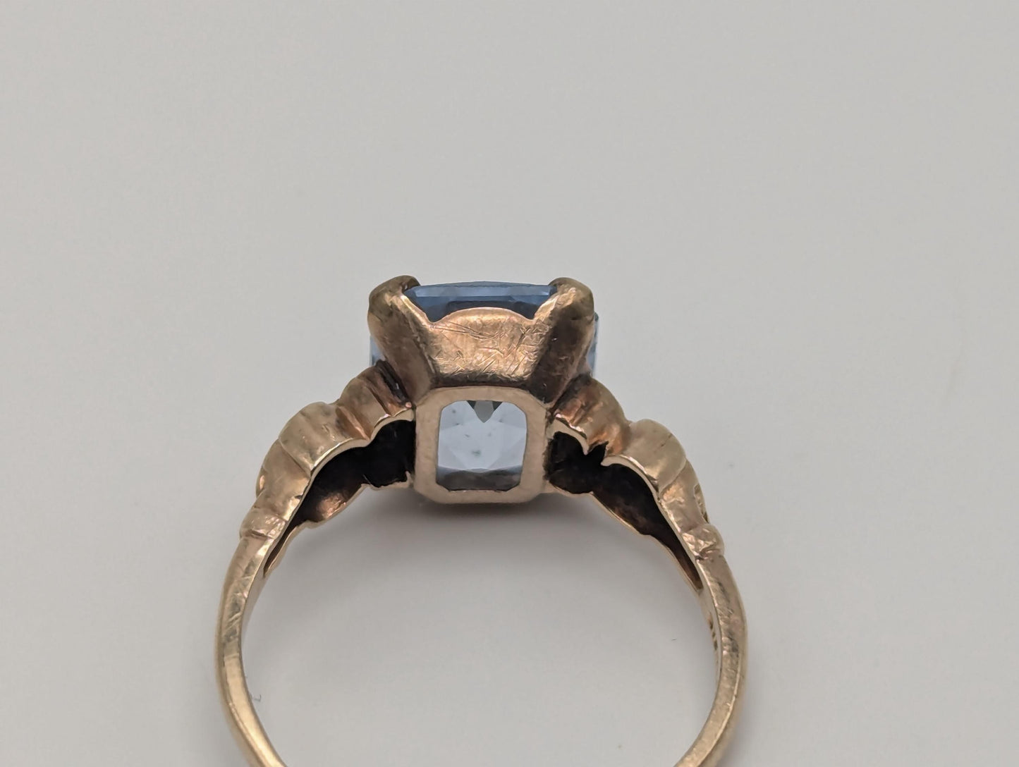 Vintage Blue Spinal 10k Flower Ring Blue Emerald Cut Spinal Band Cocktail Wedding