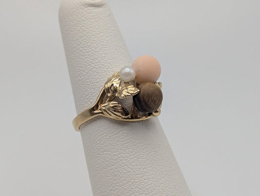 14k Yellow Gold Vintage Coral Tiger Eye Stone Pearl Cluster Ring Promise Wedding Band