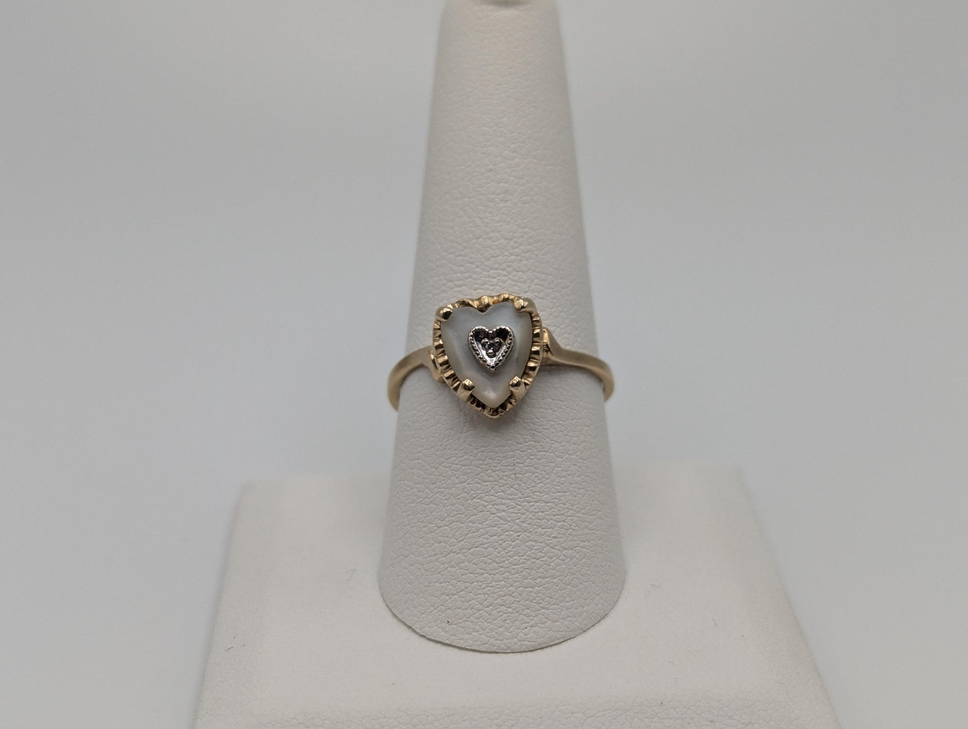 10k Yellow Gold Pearl Heart Diamond Ring Promise Wedding Band