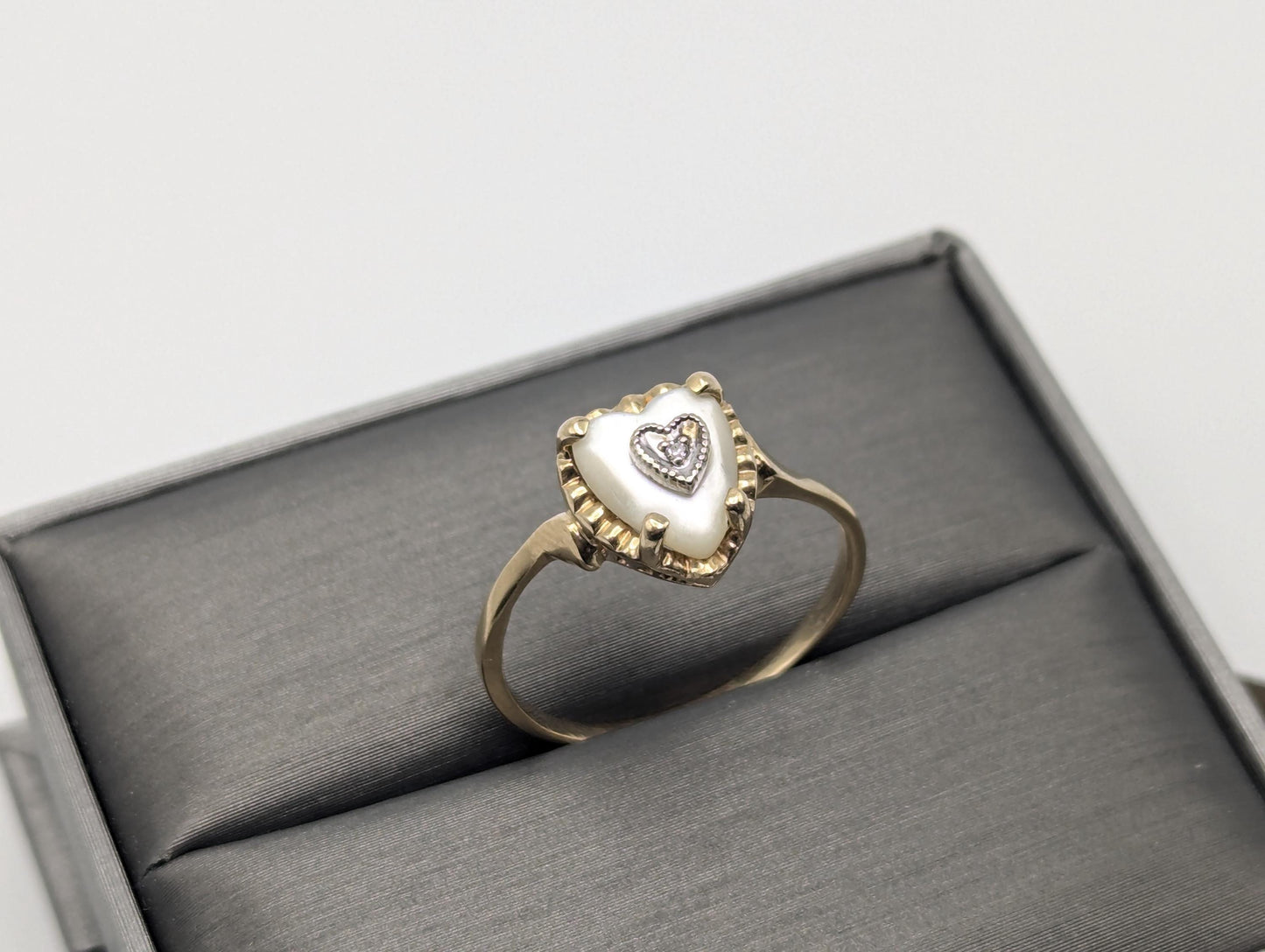 10k Yellow Gold Pearl Heart Diamond Ring Promise Wedding Band