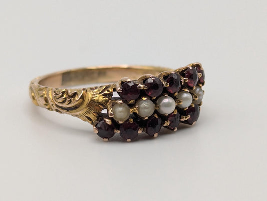 10k Vintage Yellow Gold Ruby Seed Pearl Ring Wedding cocktail Promise Band