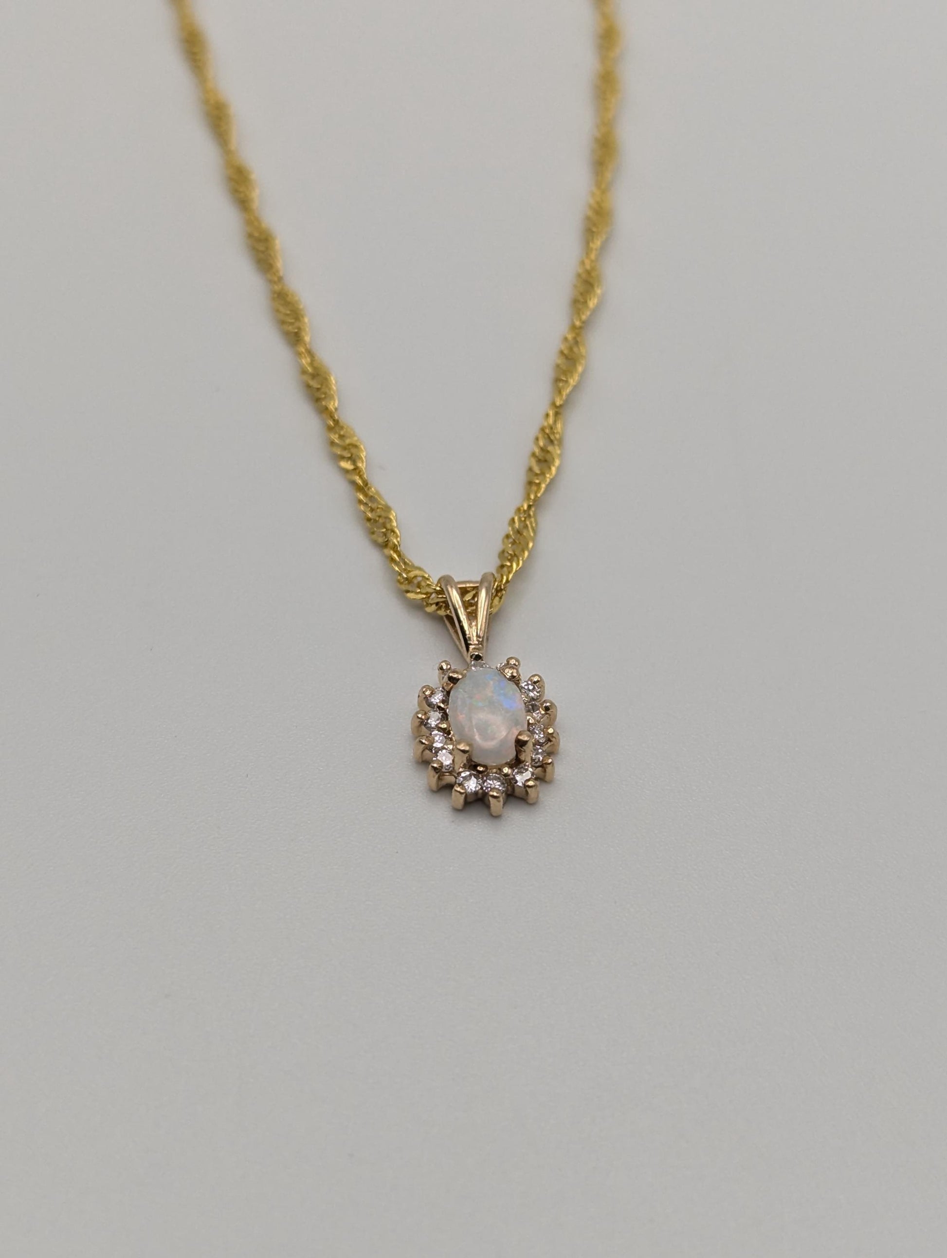 14k Yellow Gold Dainty Opal Diamond Necklace Pendant + Complimentary 18k GF Necklace 18"