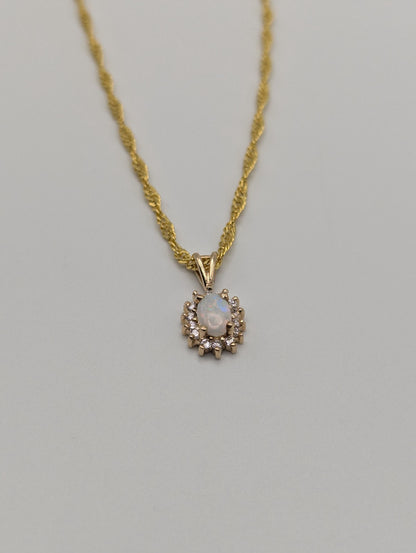 14k Yellow Gold Dainty Opal Diamond Necklace Pendant + Complimentary 18k GF Necklace 18"