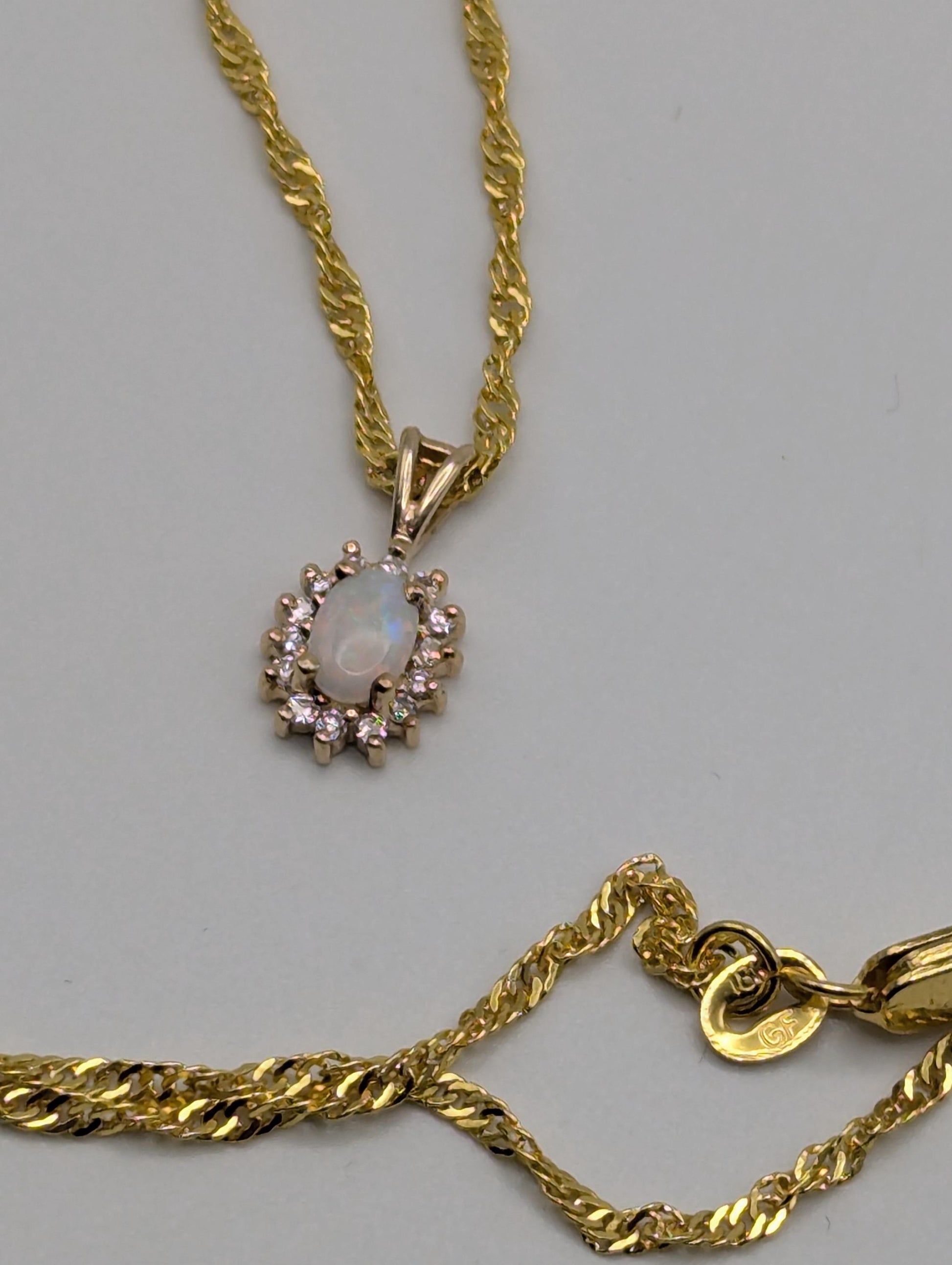 14k Yellow Gold Dainty Opal Diamond Necklace Pendant + Complimentary 18k GF Necklace 18"