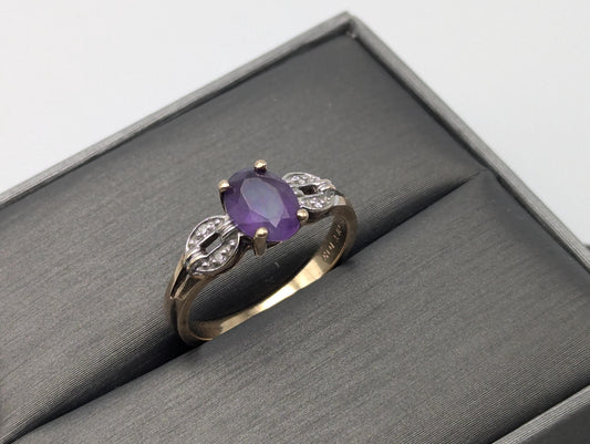 10k Yellow Gold Amethyst Diamond Ring Vintage Womens Amethyst Promise Ring