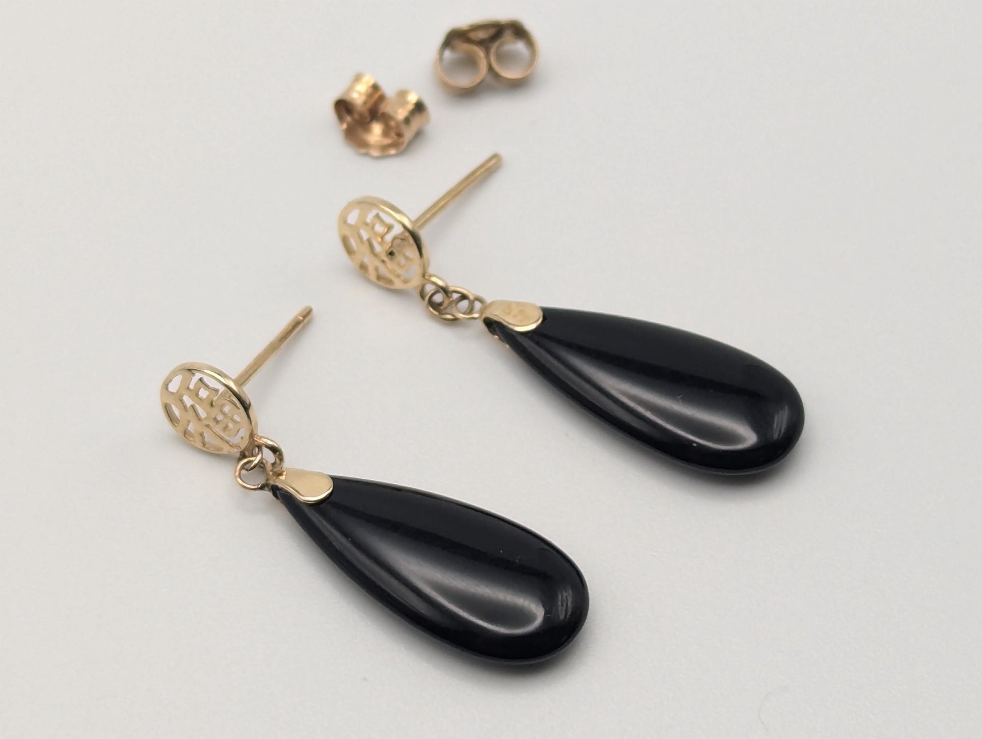 14K Yellow Gold Fu Fuku Black Onyx Drop Dangle Earrings Luck Happiness Chinese