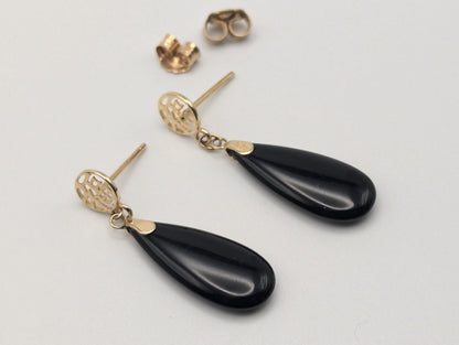 14K Yellow Gold Fu Fuku Black Onyx Drop Dangle Earrings Luck Happiness Chinese