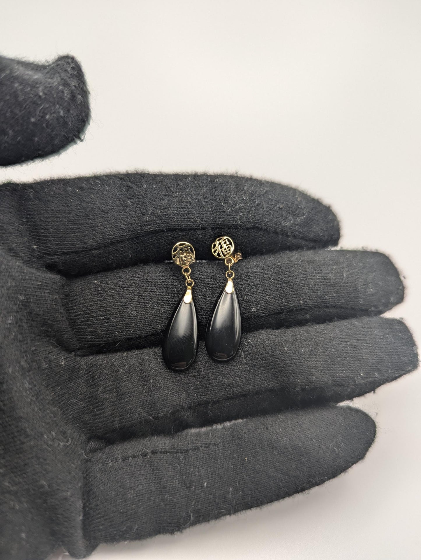 14K Yellow Gold Fu Fuku Black Onyx Drop Dangle Earrings Luck Happiness Chinese