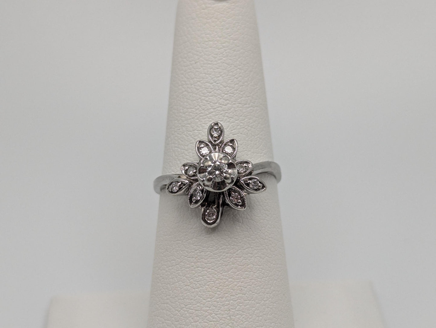 14k White Gold Diamond Flower Shaped Ring Statement Cocktail Engagement Ring Wedding