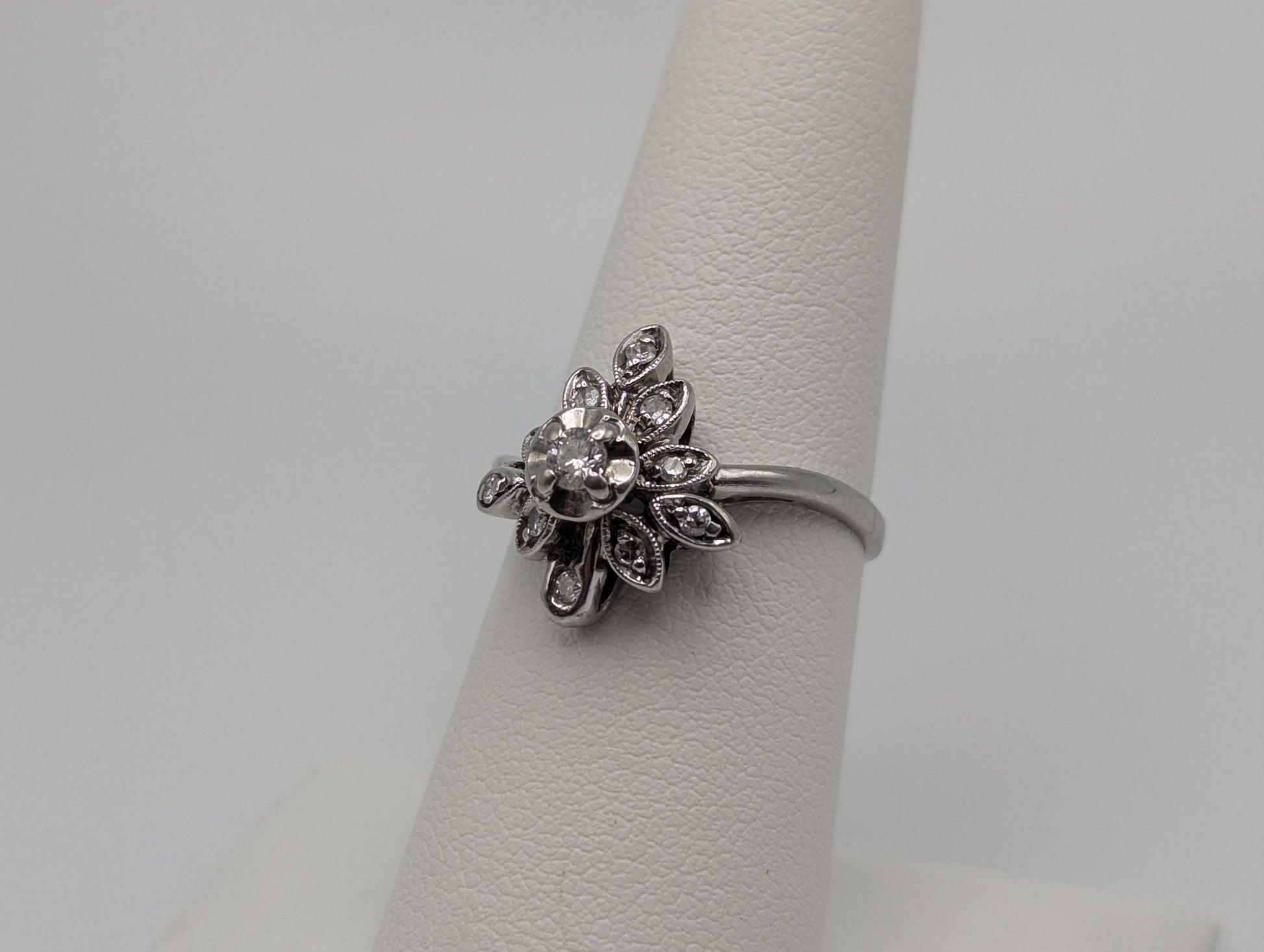 14k White Gold Diamond Flower Shaped Ring Statement Cocktail Engagement Ring Wedding