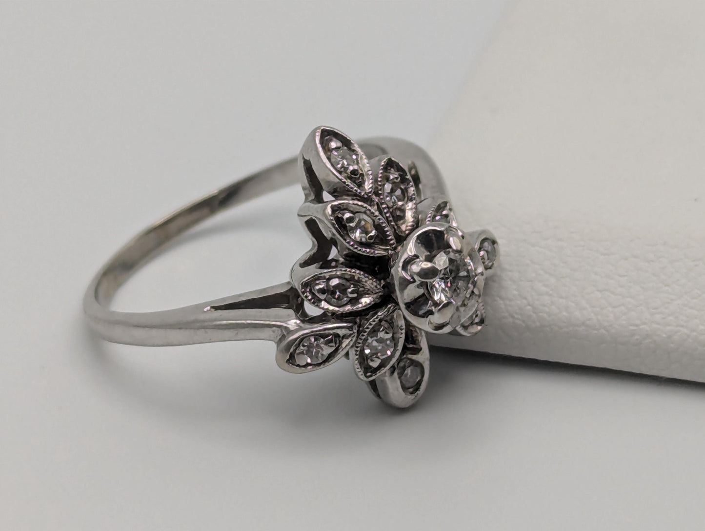 14k White Gold Diamond Flower Shaped Ring Statement Cocktail Engagement Ring Wedding