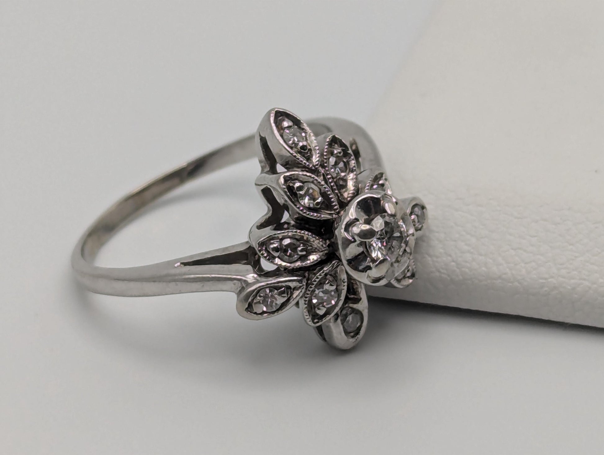 14k White Gold Diamond Flower Shaped Ring Statement Cocktail Engagement Ring Wedding