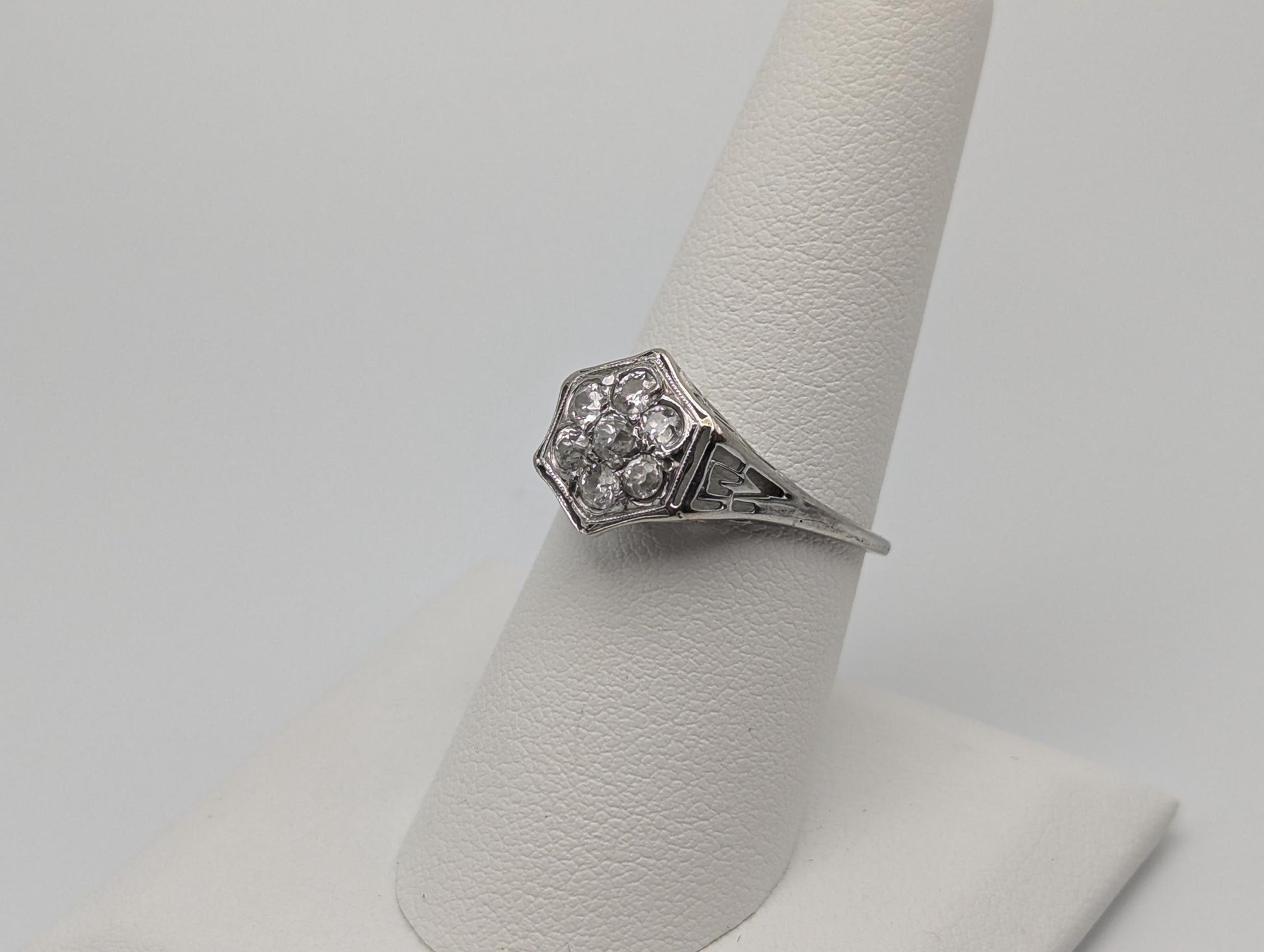 14k White Gold .7ct Diamond Flower Wedding Filigree Statement Signet Ring.