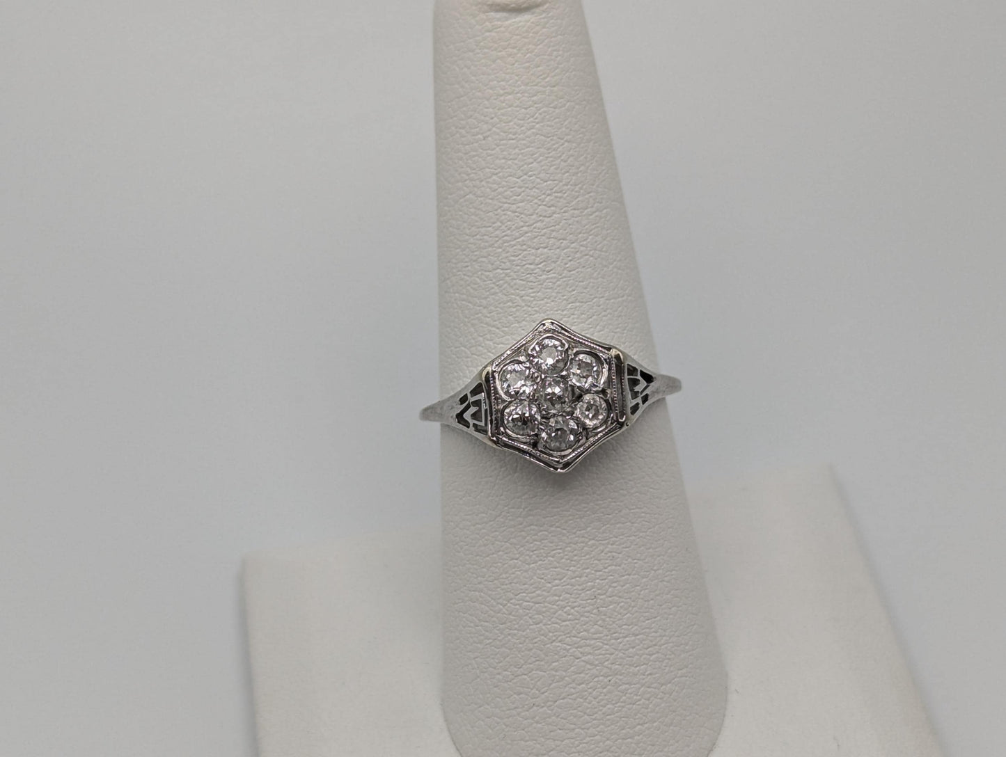 14k White Gold .7ct Diamond Flower Wedding Filigree Statement Signet Ring.