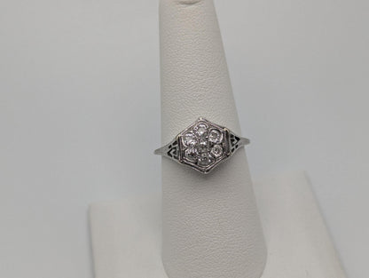 14k White Gold .7ct Diamond Flower Wedding Filigree Statement Signet Ring.