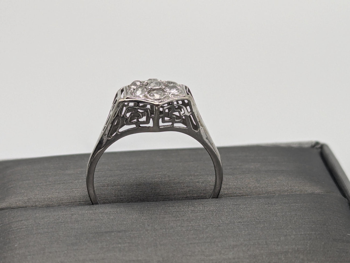 14k White Gold .7ct Diamond Flower Wedding Filigree Statement Signet Ring.