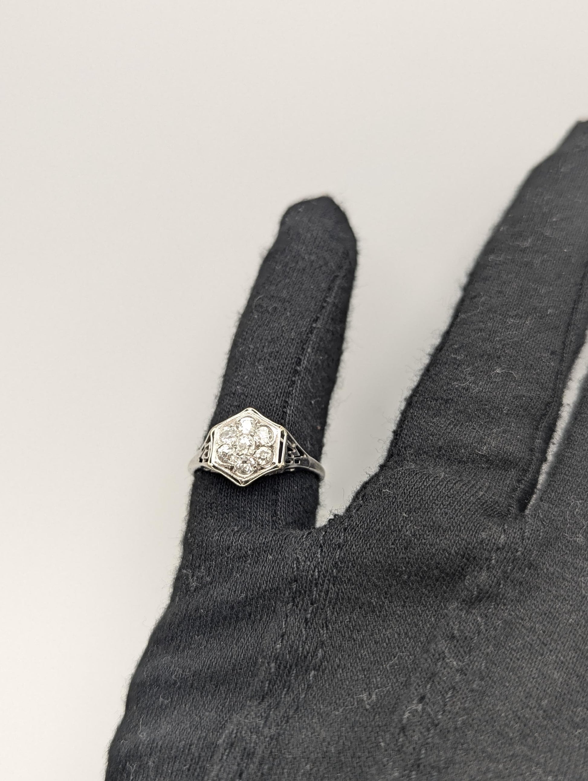 14k White Gold .7ct Diamond Flower Wedding Filigree Statement Signet Ring.