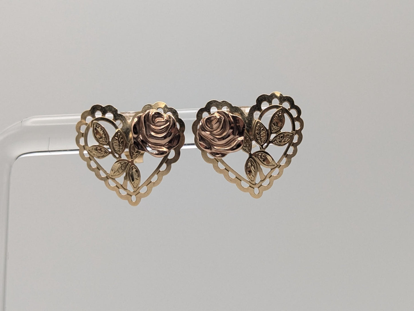 10k 12k Black Hills Gold Rose Heart Earrings Tri Color Vintage Pierced Studs Rose Heart Earring