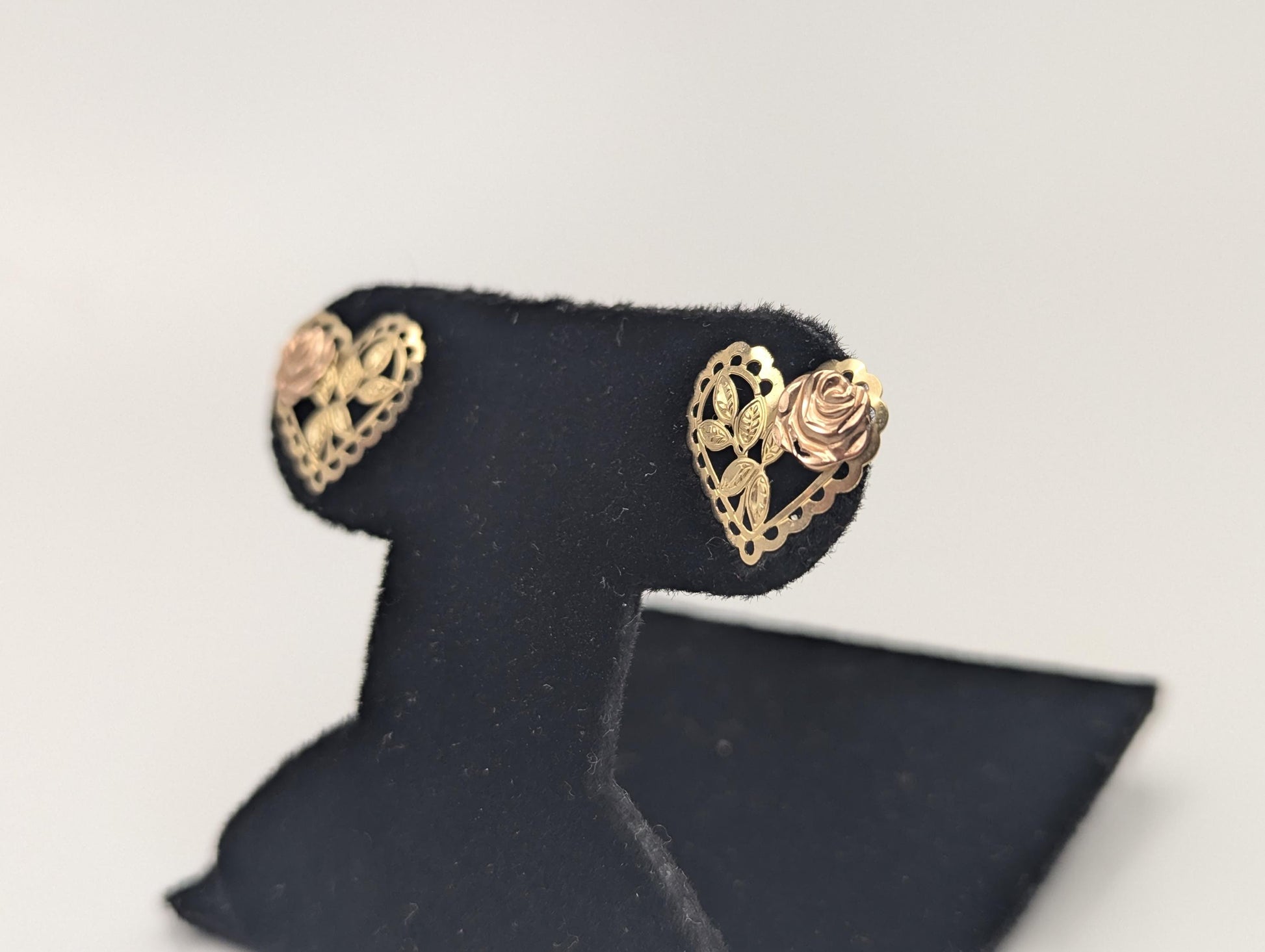 10k 12k Black Hills Gold Rose Heart Earrings Tri Color Vintage Pierced Studs Rose Heart Earring