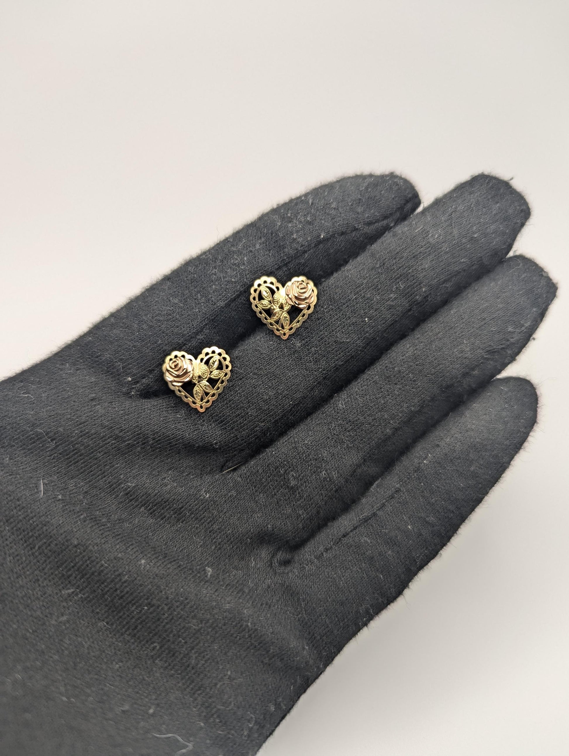 10k 12k Black Hills Gold Rose Heart Earrings Tri Color Vintage Pierced Studs Rose Heart Earring