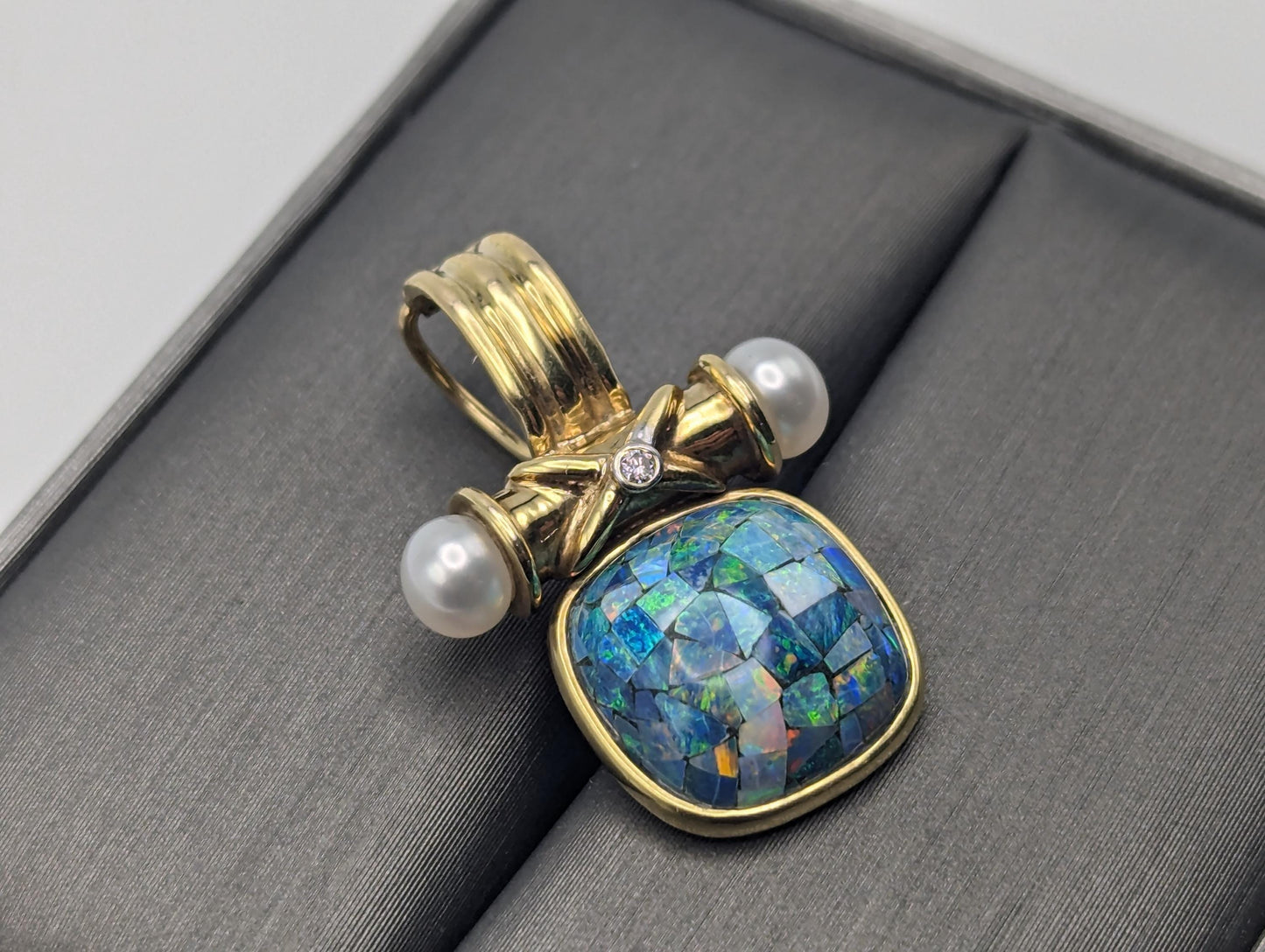 14k Gold Australian Black Opal with Diamond Pearls Pendant