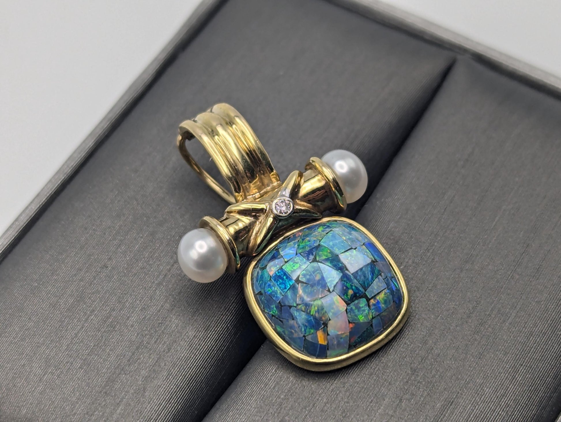 14k Gold Australian Black Opal with Diamond Pearls Pendant