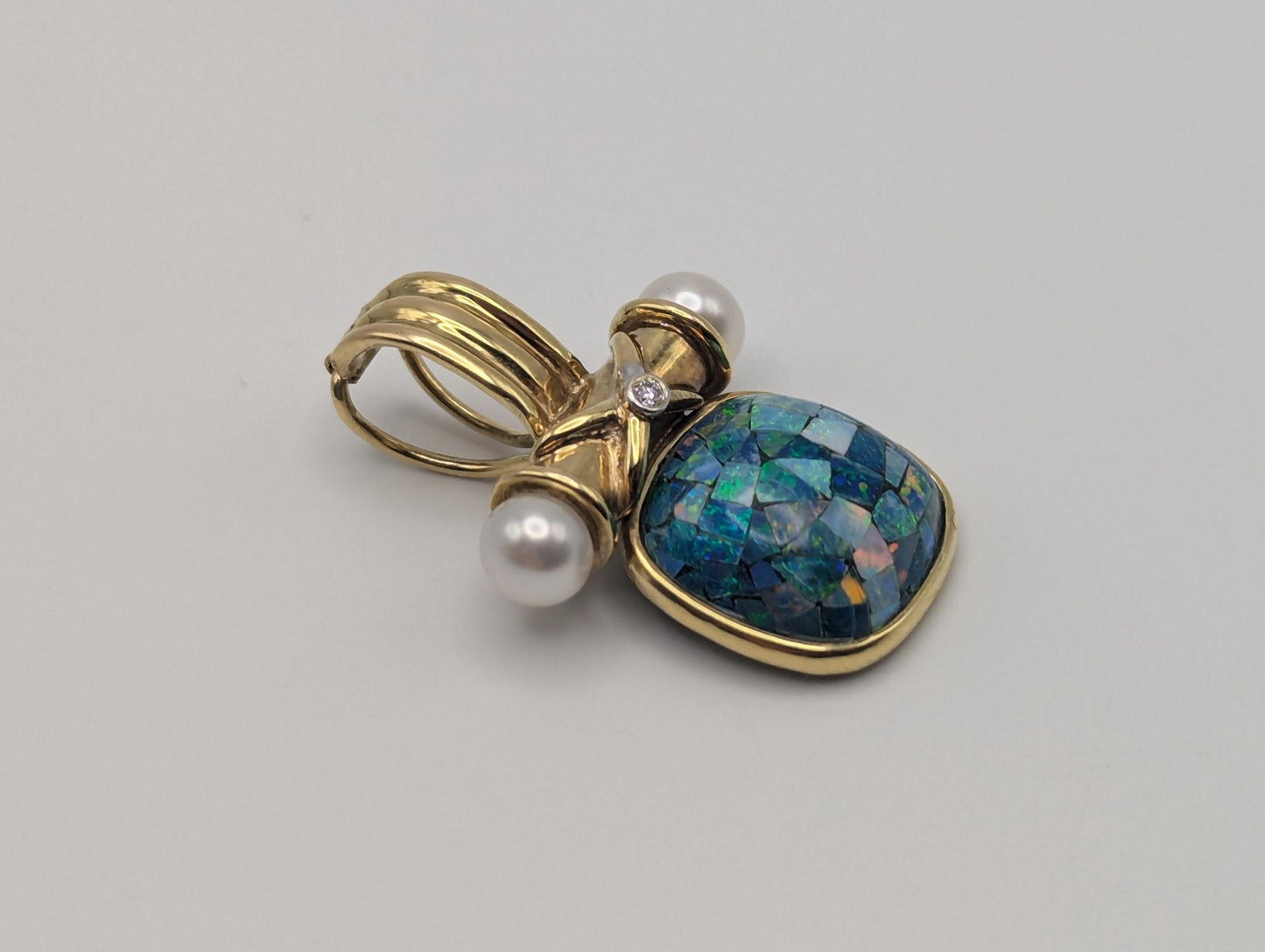 14k Gold Australian Black Opal with Diamond Pearls Pendant