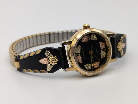 Vintage Landstrom Black Hills Gold Ladies Wristwatch 12k Gold Leaves