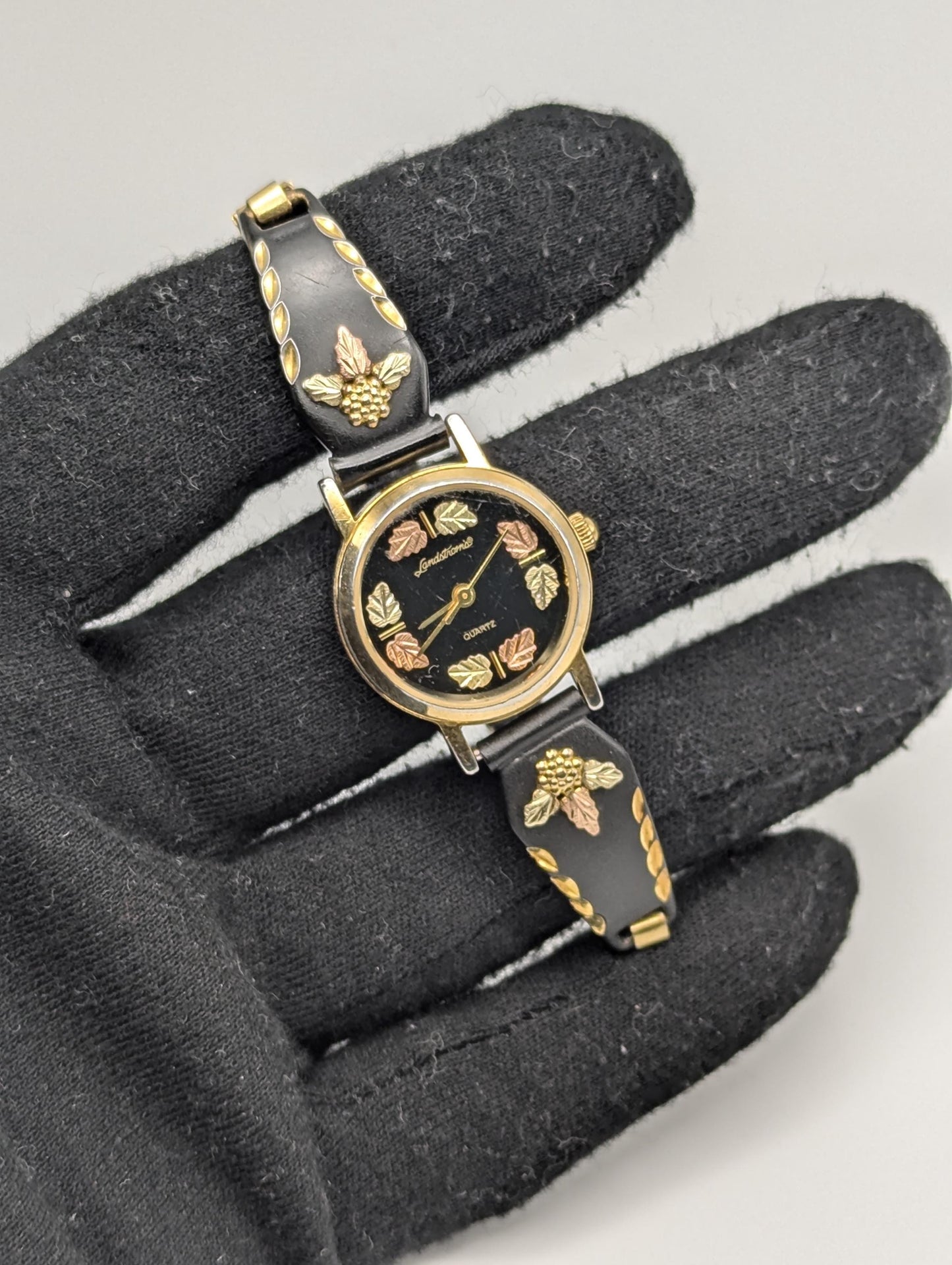 Vintage Landstrom Black Hills Gold Ladies Wristwatch 12k Gold Leaves