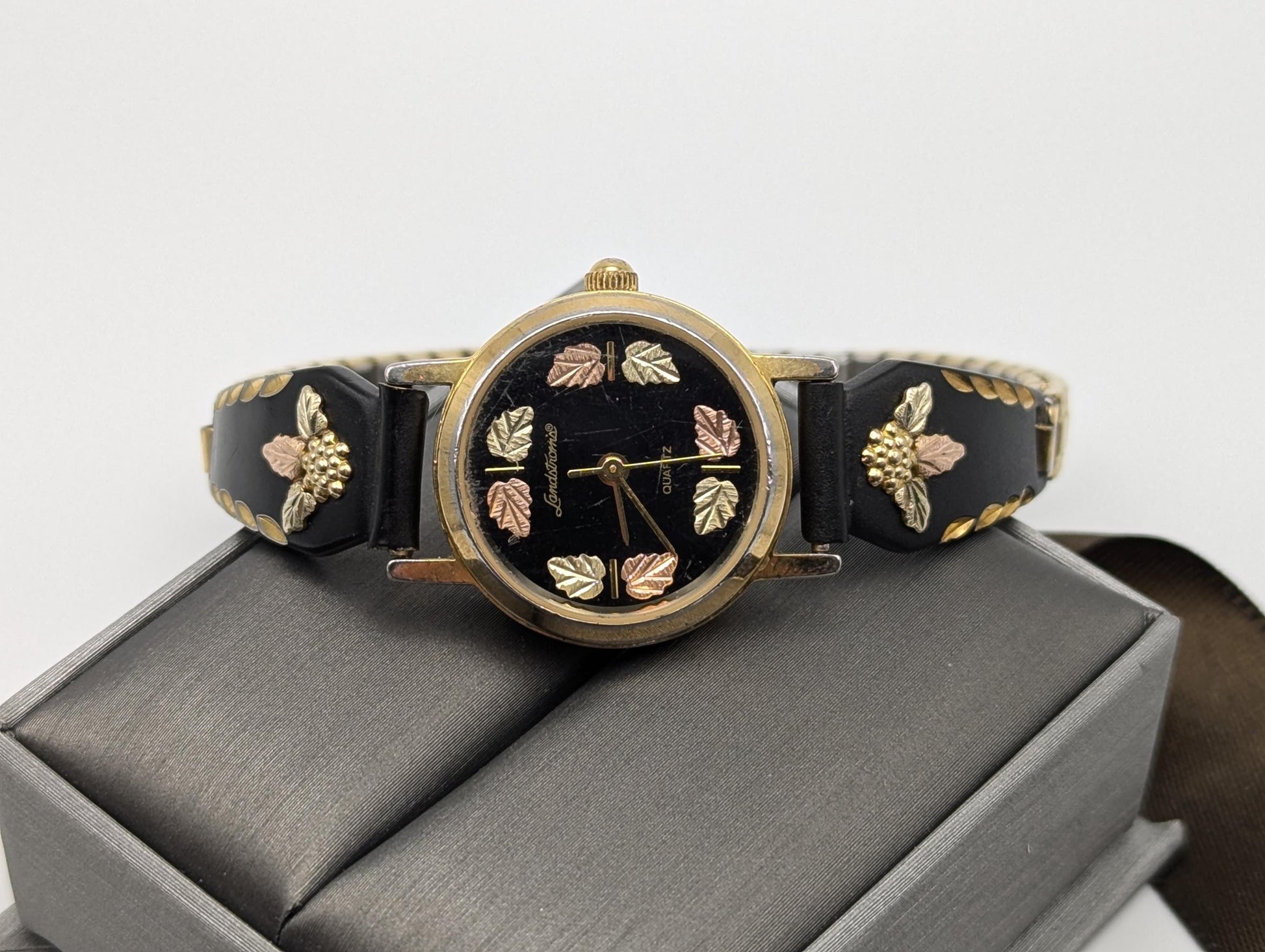 Vintage Landstrom Black Hills Gold Ladies Wristwatch 12k Gold Leaves