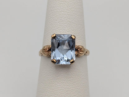 Vintage Blue Spinal 10k Flower Ring Blue Emerald Cut Spinal Band Cocktail Wedding