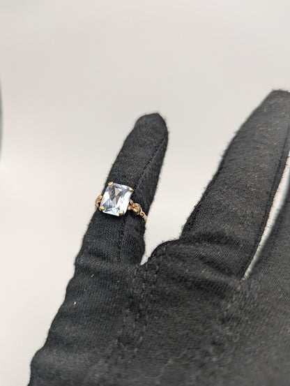 Vintage Blue Spinal 10k Flower Ring Blue Emerald Cut Spinal Band Cocktail Wedding