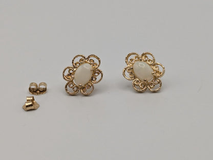 14k Yellow Gold Opal Filigree Earrings. 14k Opal Womens Stud Earrings.
