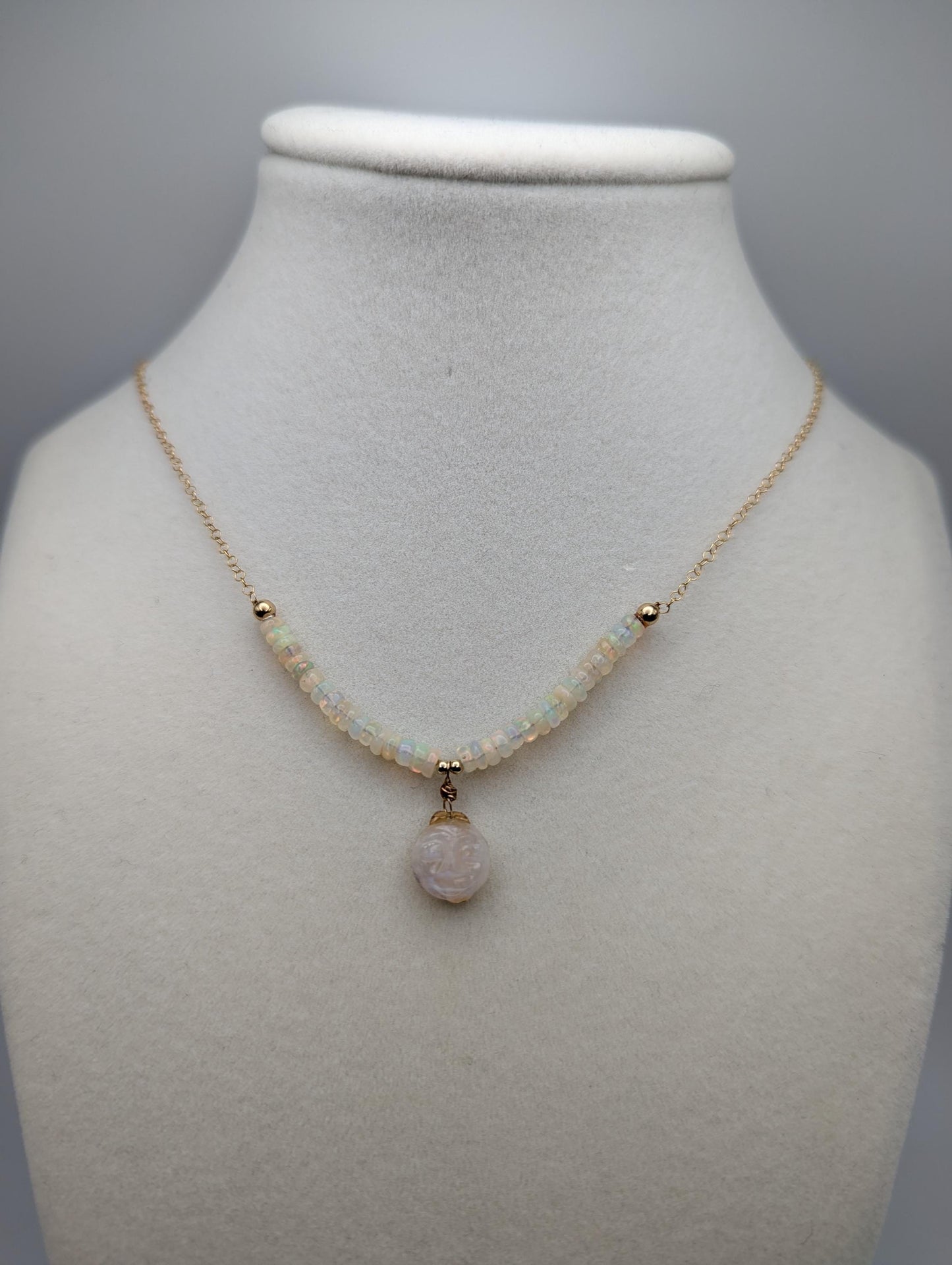 14k Yellow Gold Opal Necklace w/ Opal Beads. Gold Leaf Necklace 20" Chain